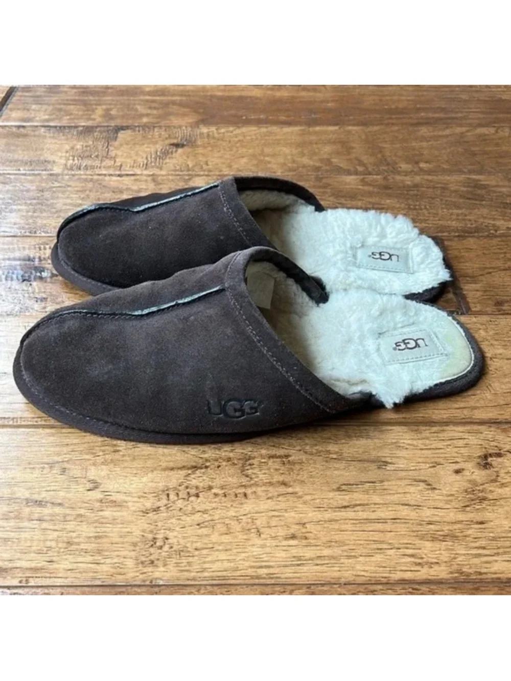 Ugg Scuff Slippers House Shoes Brown Suede Wool Shearling Lined Mens Size 10